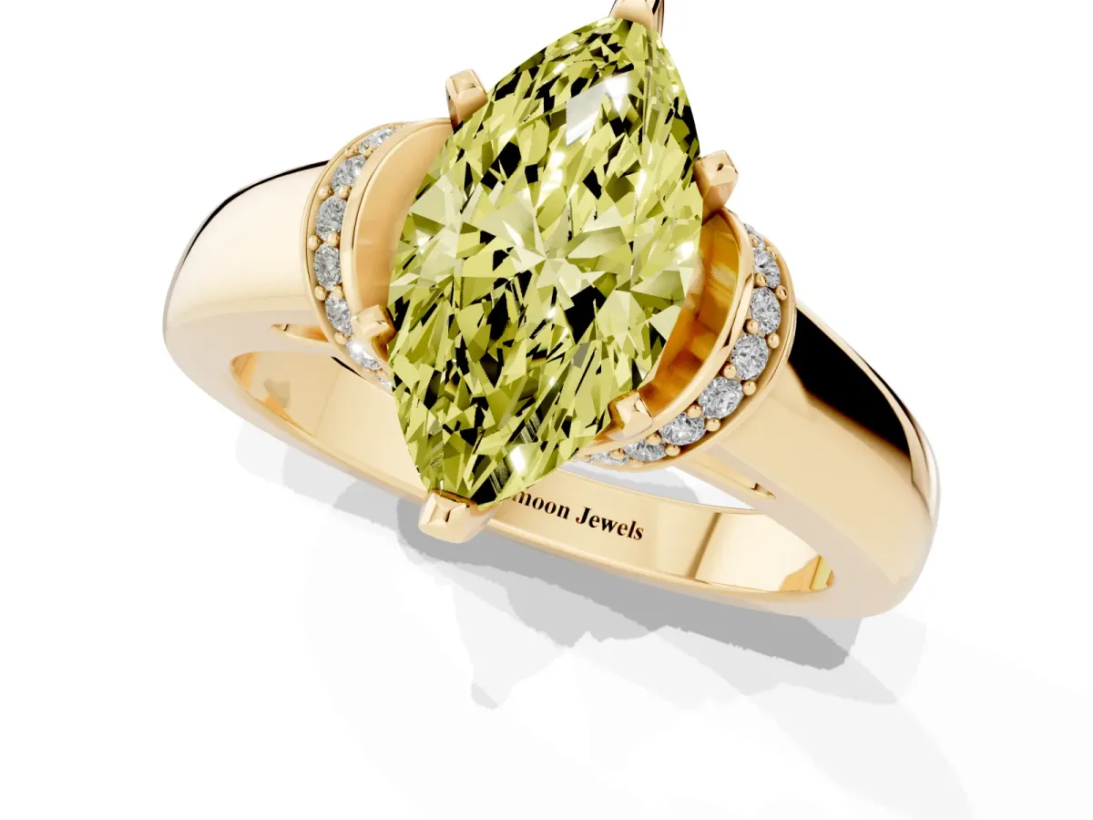 Fancy Yellow Marquise Cut Solitaire Diamond Ring with Pave Band and Six-Prong Setting Yellow gold