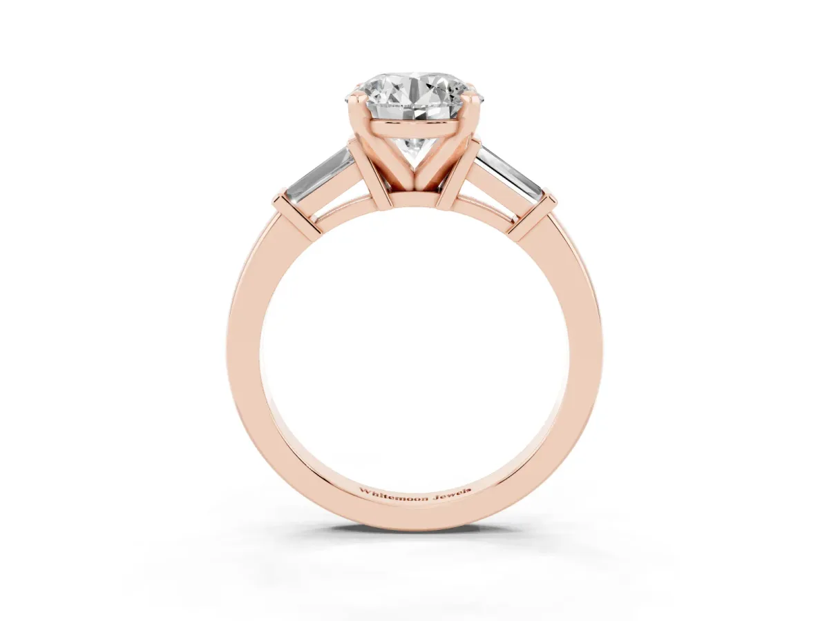 Round Cut Cut Diamond Solitaire Ring with Tapered Baguette Accents and Four-Prong Setting Rose gold