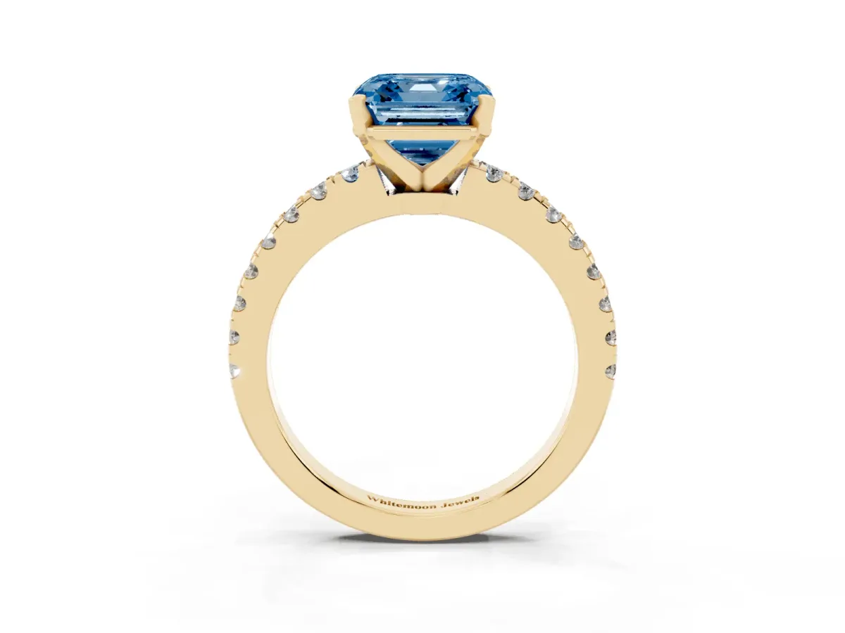 Fancy Blue Asscher Cut Solitaire Diamond with Pavé Band and Four-Prong Setting Yellow gold