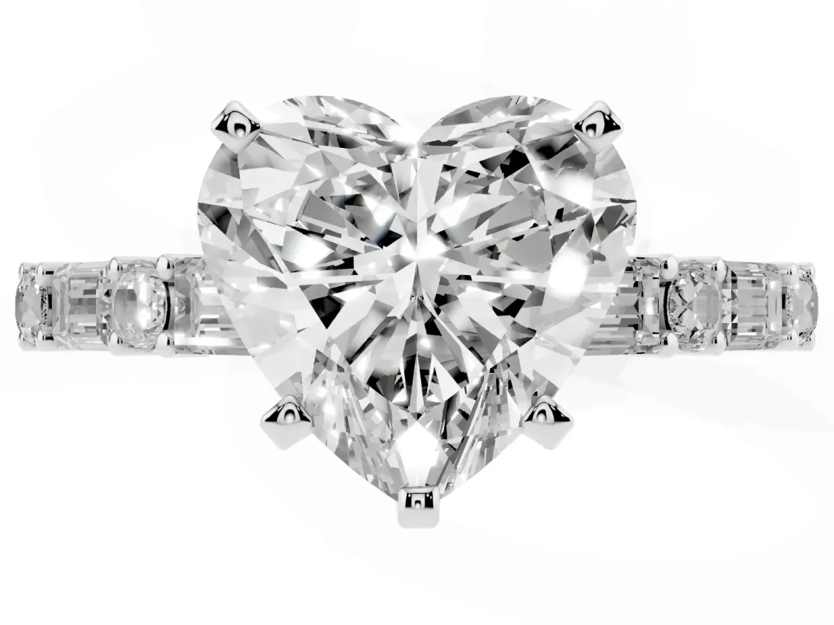 Heart Cut Diamond Solitaire with Side Baguettes and Channel Set Band Silver
