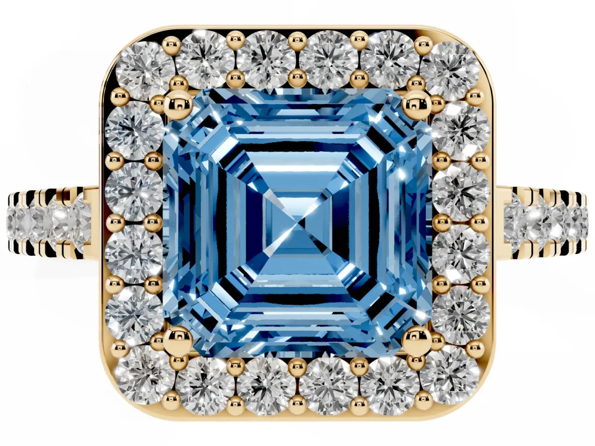 Fancy Blue Asscher Cut Diamond Halo Ring with Round Pavé Split Shank and Prong Setting Yellow gold