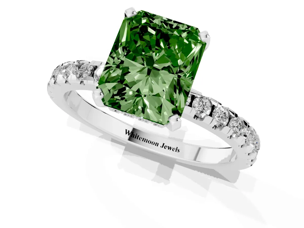 Fancy Green Radiant Cut Diamond Solitaire Ring with Round Pavé Band and Four-Prong Setting Silver