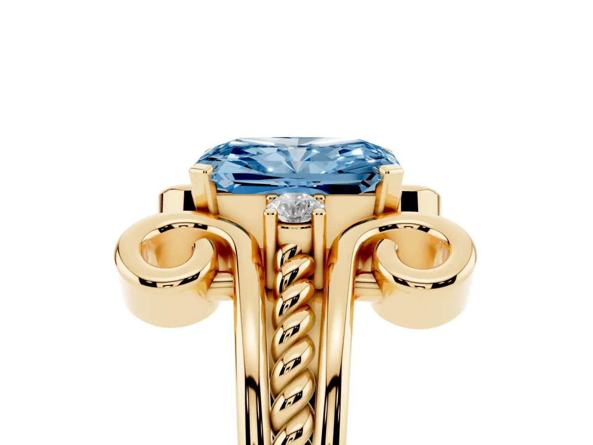 Fancy Blue Radiant Cut Solitaire Twisted Band Scroll Prong Ring Yellow gold