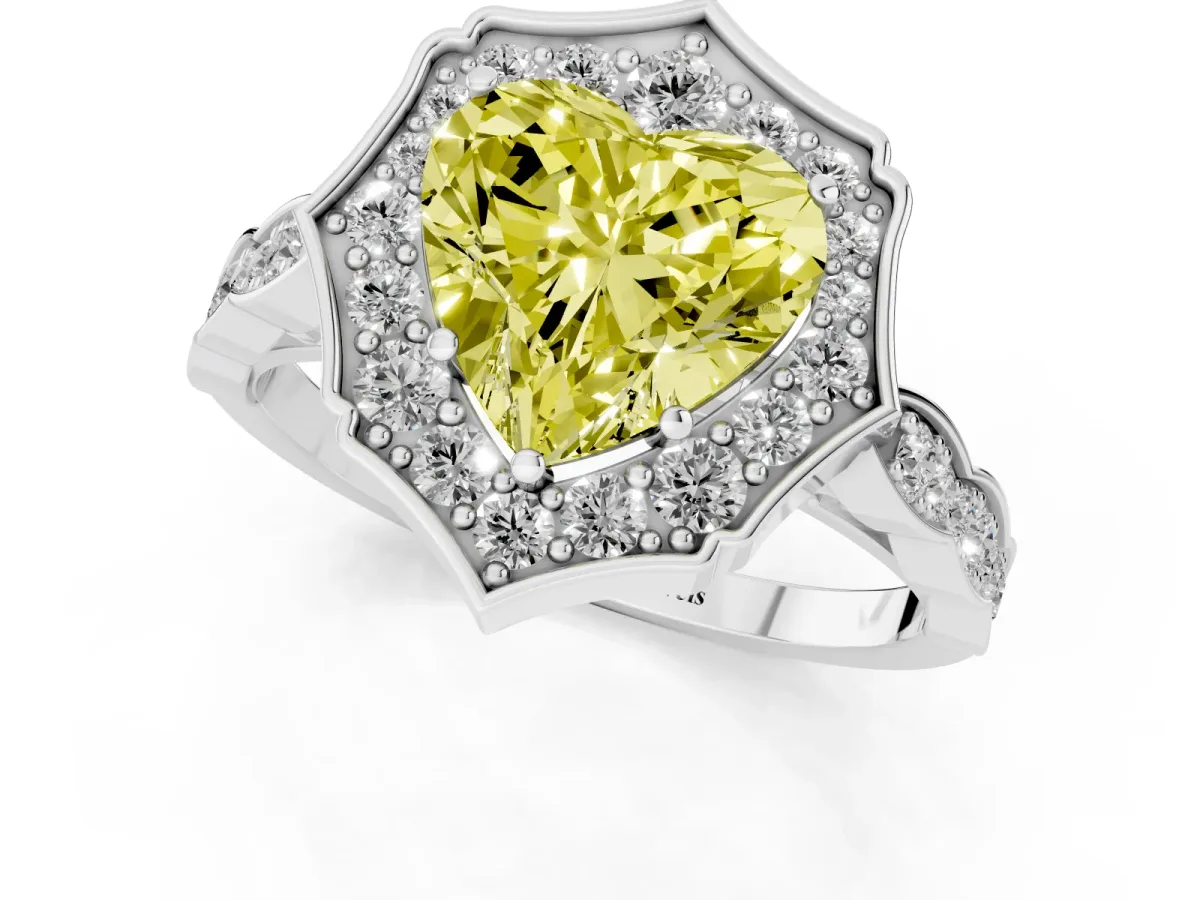 Fancy Yellow Heart Cut Halo Diamond Engagement Ring with Milgrain Band and Four-Prong Setting White gold