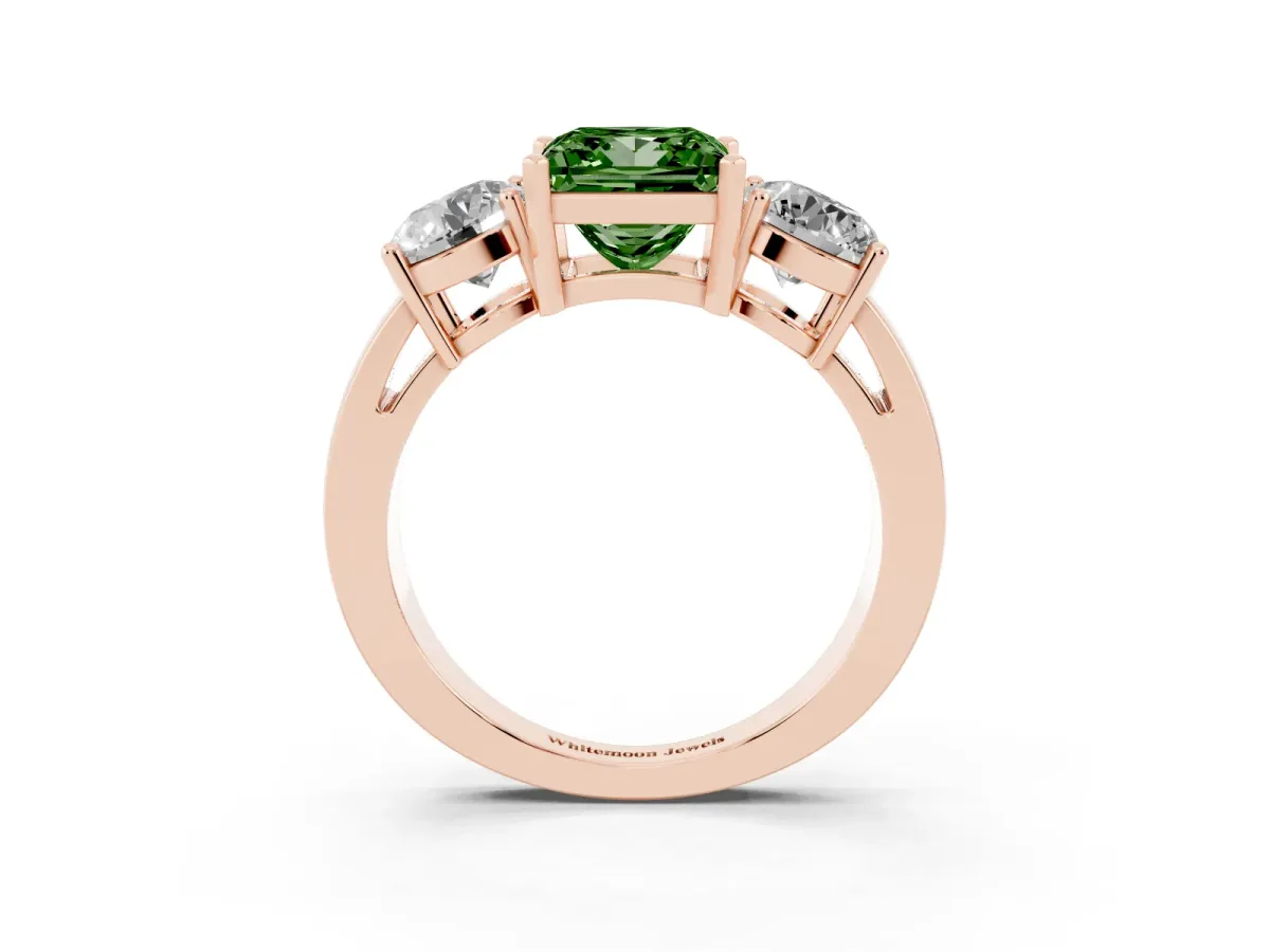 Fancy Green Three-Stone Princess Cut Diamond Ring with Round Side Stones, Classic Band, and Four-Prong Setting Rose gold