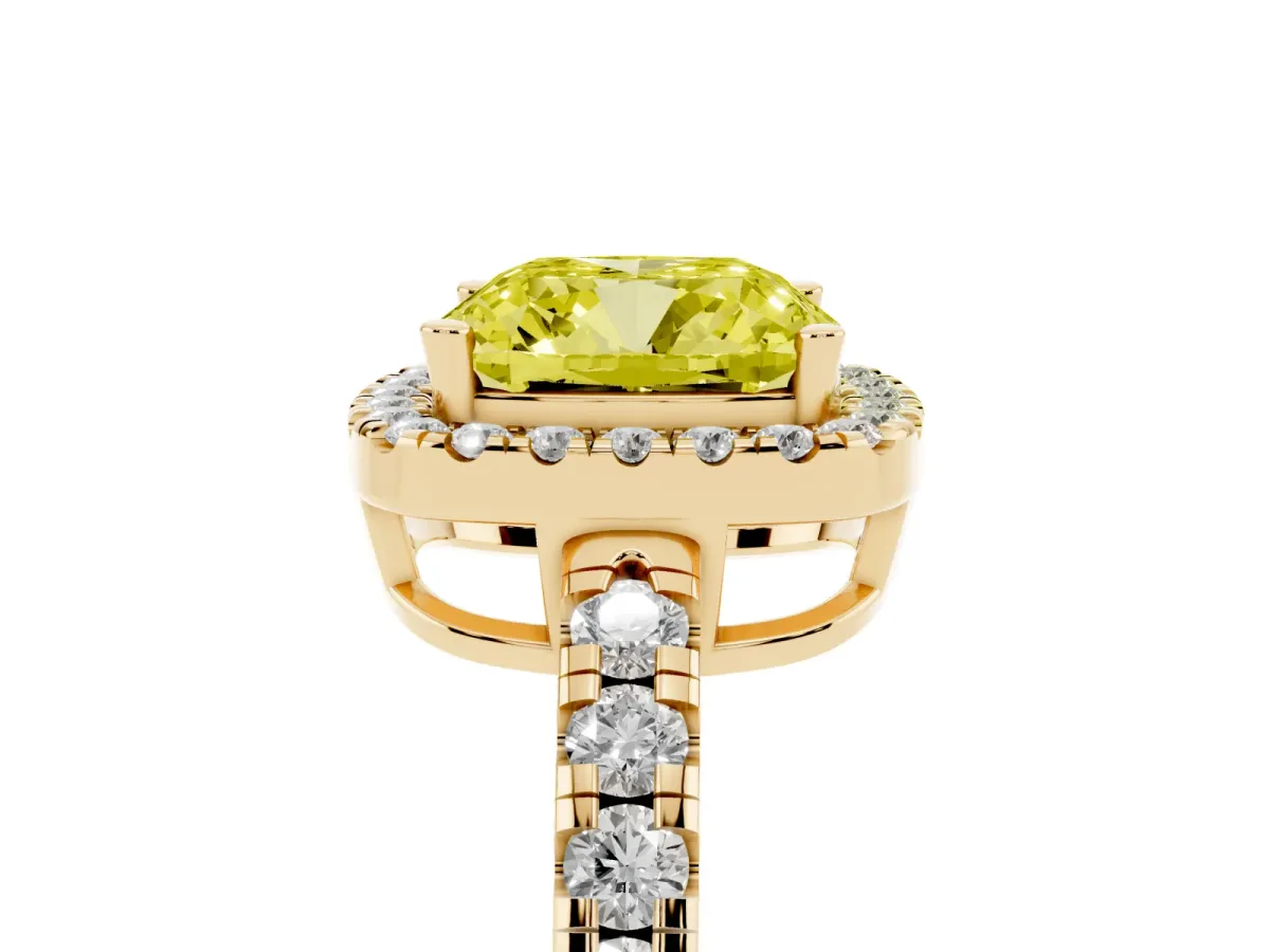 Fancy Yellow Cushion Cut Diamond Halo Ring with Pavé Band and Four-Prong Setting Yellow gold