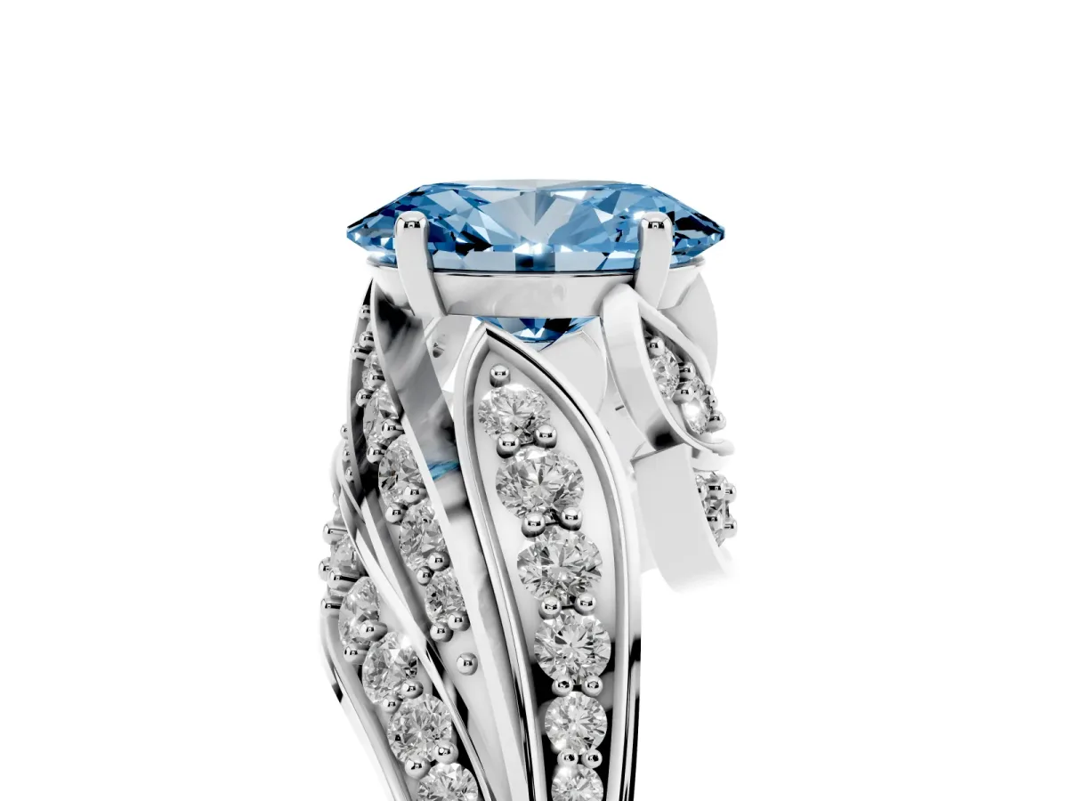 Fancy Blue Oval Cut Diamond Solitaire Ring with Prong Setting and Twisted Pavé Band Silver