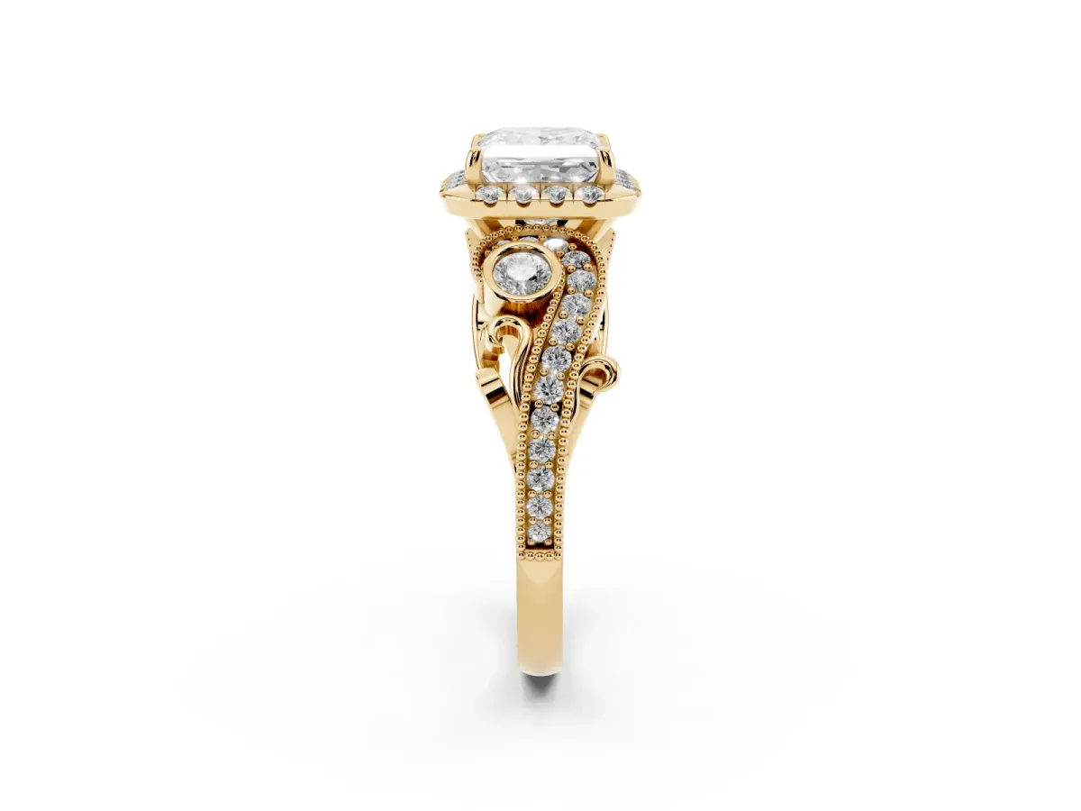 Princess Cut Diamond Halo Ring with Milgrain Pavé Band and Four-Prong Setting Yellow gold
