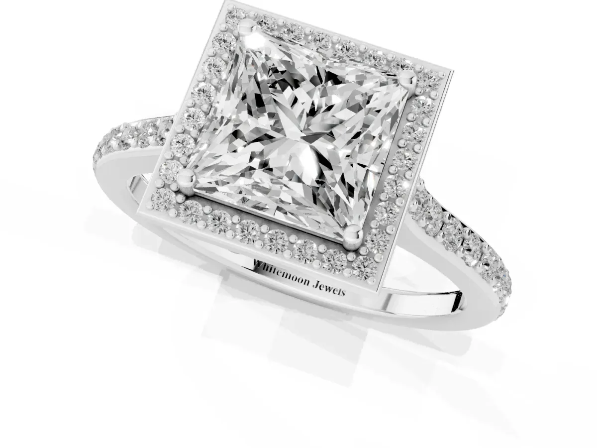 Princess Cut Diamond Halo Engagement Ring with Round Pavé Shoulders and Prong Setting Silver