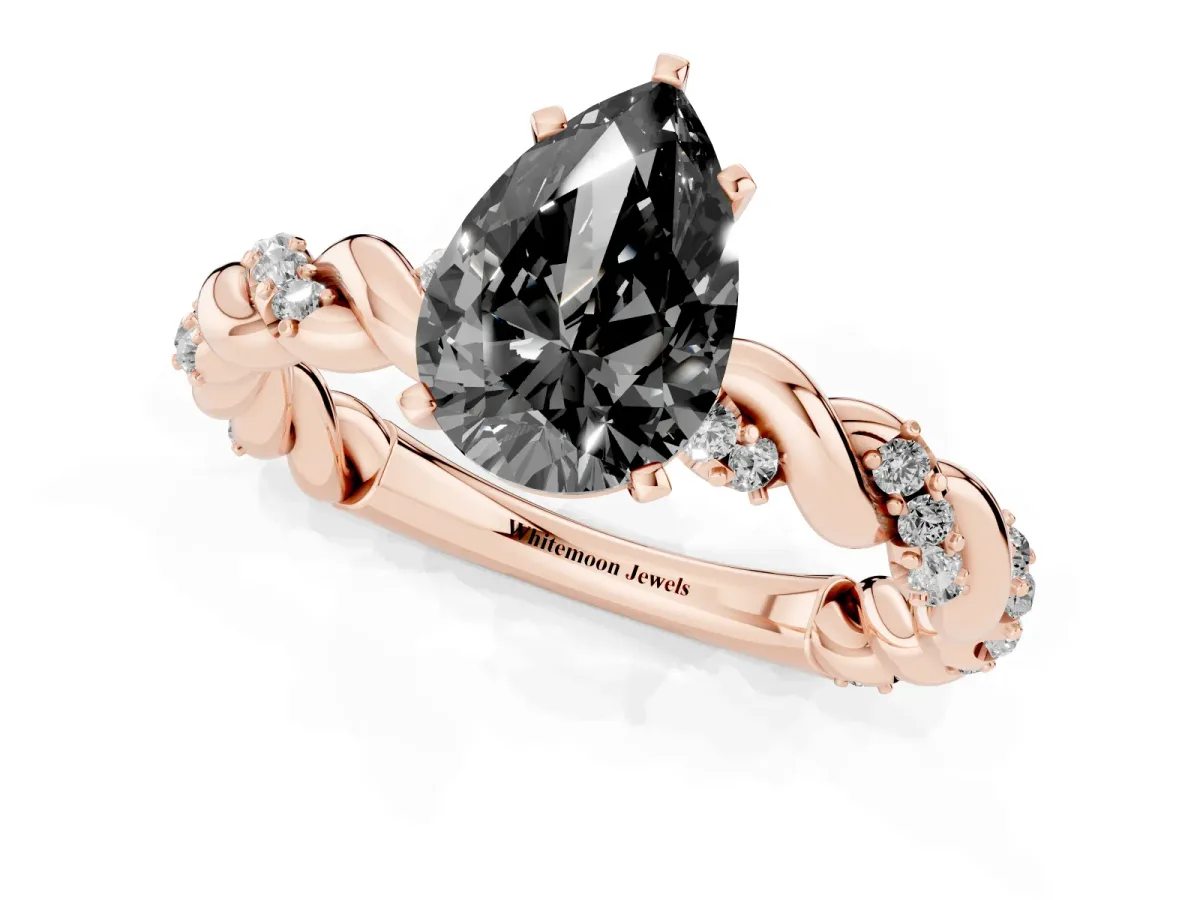 Fancy Black Pear Cut Diamond Solitaire Ring with Twisted Band and Pavé Accents Rose gold