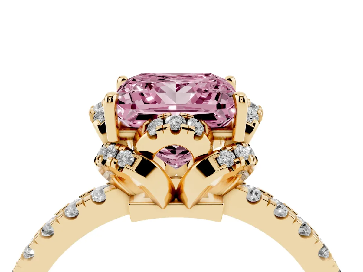 Fancy Pink Princess Cut Diamond Halo Pave Band with Four-Prong Setting Yellow gold