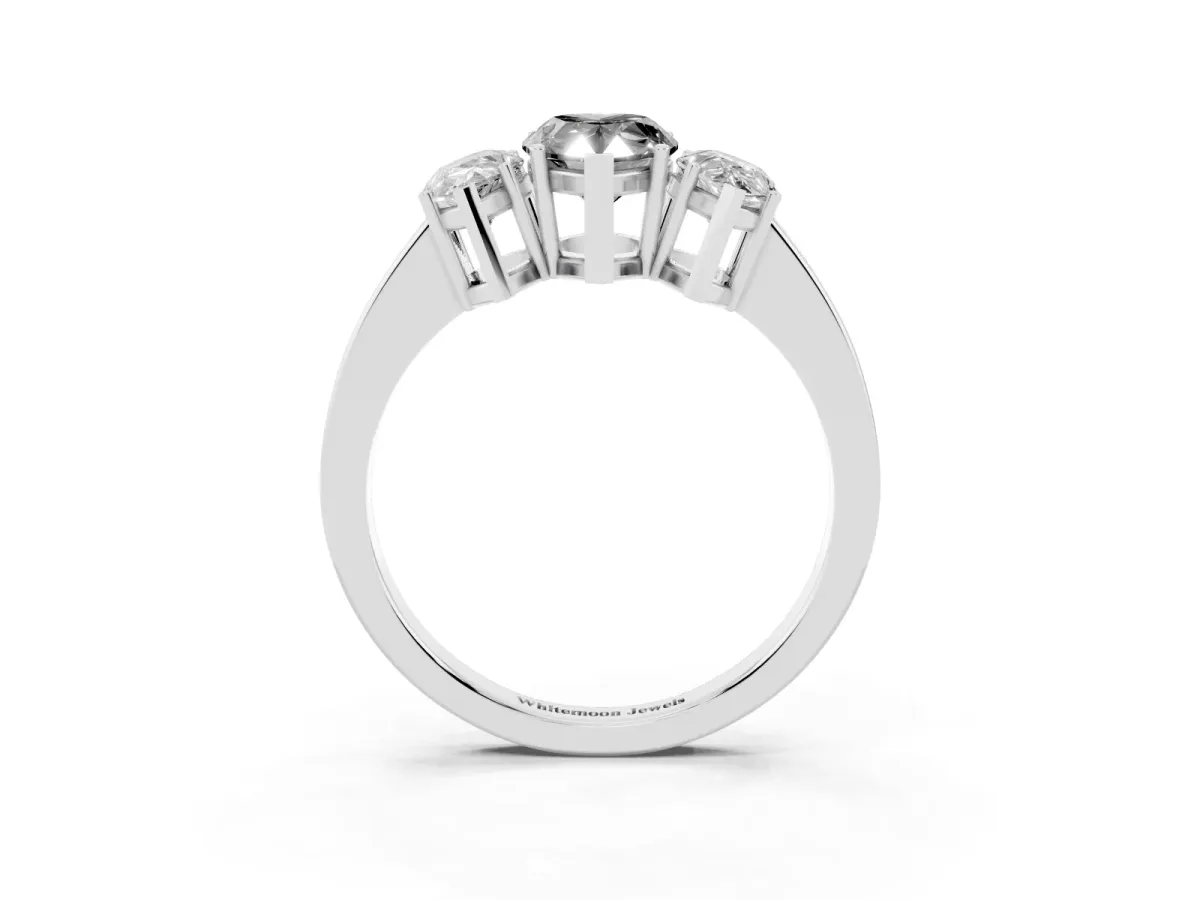 Fancy Black Three-Stone Pear Cut Cut Diamond Engagement Ring with Flat Band and Four-Prong Setting Silver