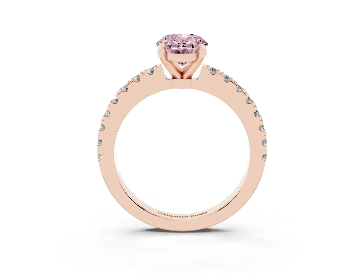 Fancy Pink Oval Cut Solitaire Diamond with Pavé Band and Four-Prong Setting Rose gold