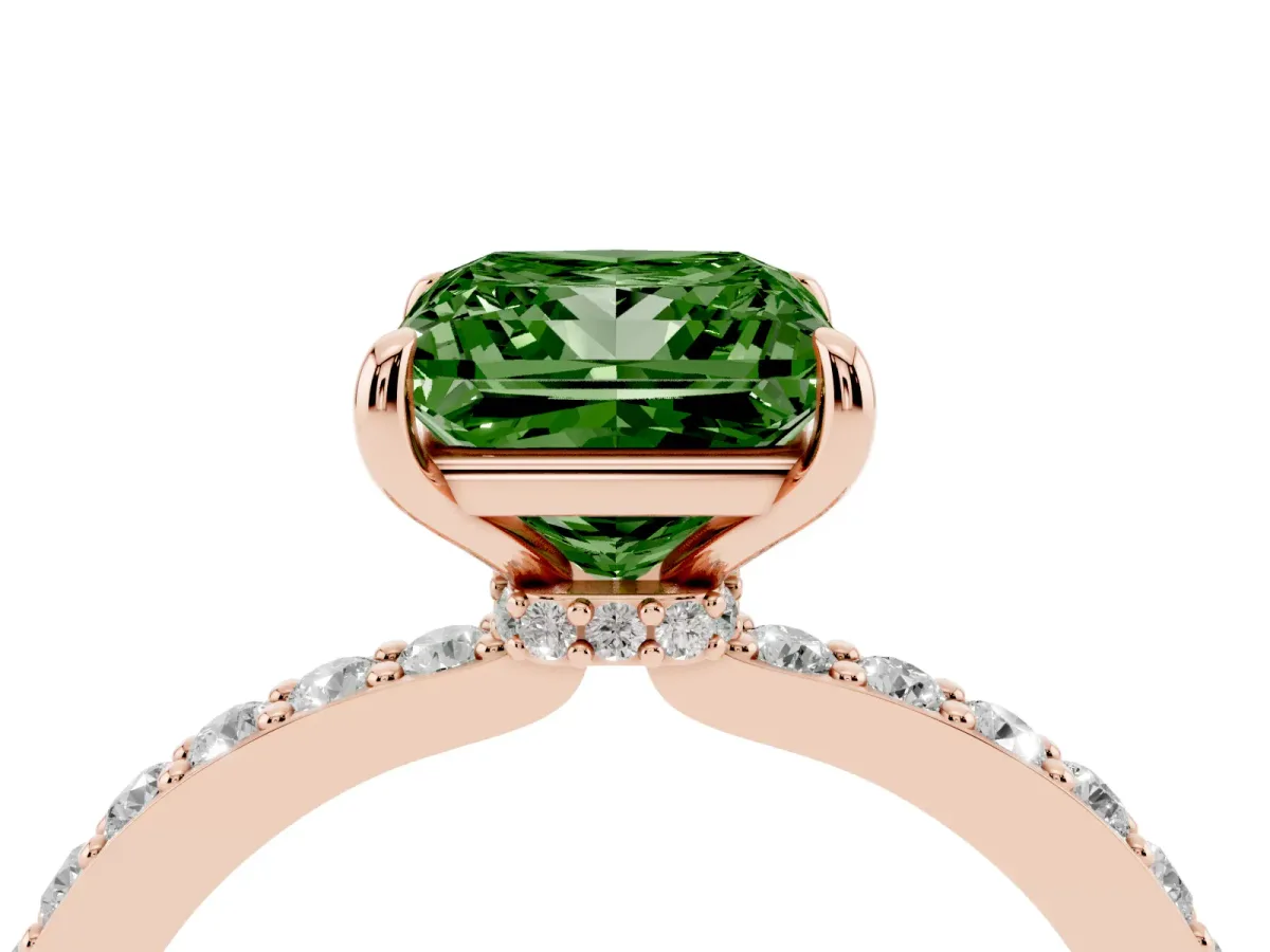 Fancy Green Princess Cut Diamond Pavé Engagement Ring with Round Accents and Prong Setting Rose gold