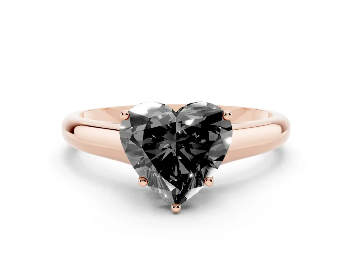 Fancy Black Heart Cut Cut Diamond Solitaire Engagement Ring with Tapered Plain Band and Four-Prong Setting Rose gold