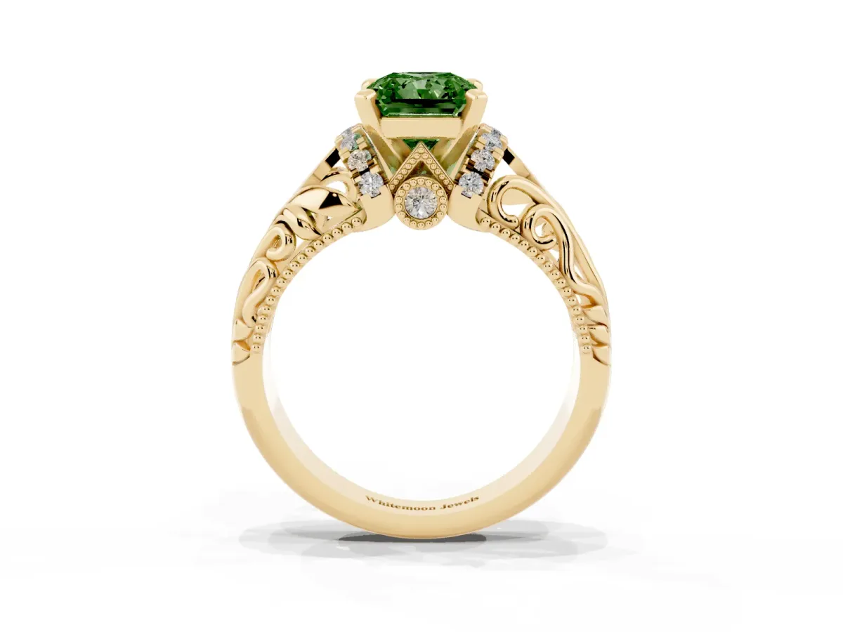 Fancy Green Radiant Cut Solitaire Filigree Engagement Ring with Halo and Prong Setting Yellow gold