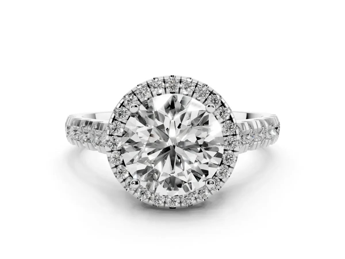 Round Cut Halo Pavé Diamond Engagement Ring with Four-Prong Setting Silver