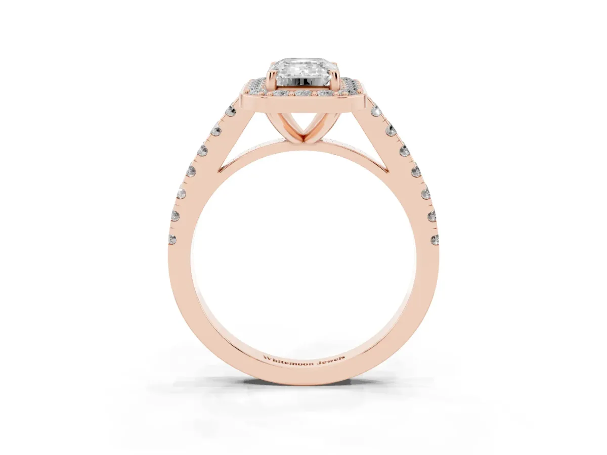 Emerald Cut Diamond Halo Ring with Round Pavé Split Shank and Prong Setting Rose gold