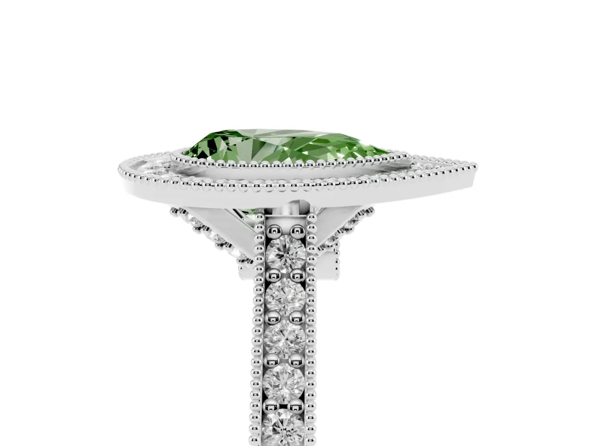Fancy Green Halo Pear Cut-Cut Diamond Pave Band Milgrain Prong Setting Ring Platinum