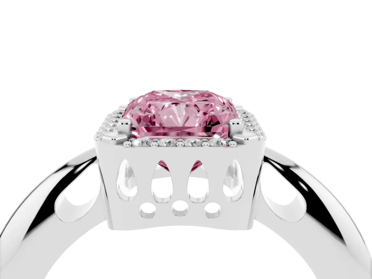 Fancy Pink Radiant Cut Cut Diamond Halo Engagement Ring with Split Shank and Four-Prong Setting Silver
