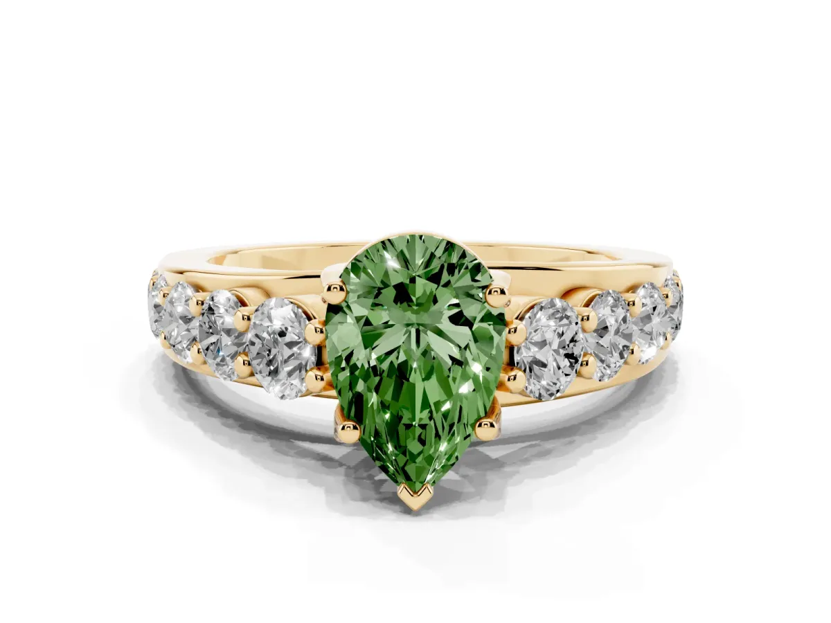Fancy Green Pear Cut Diamond Engagement Ring with Pavé Band and Four-Prong Setting Yellow gold