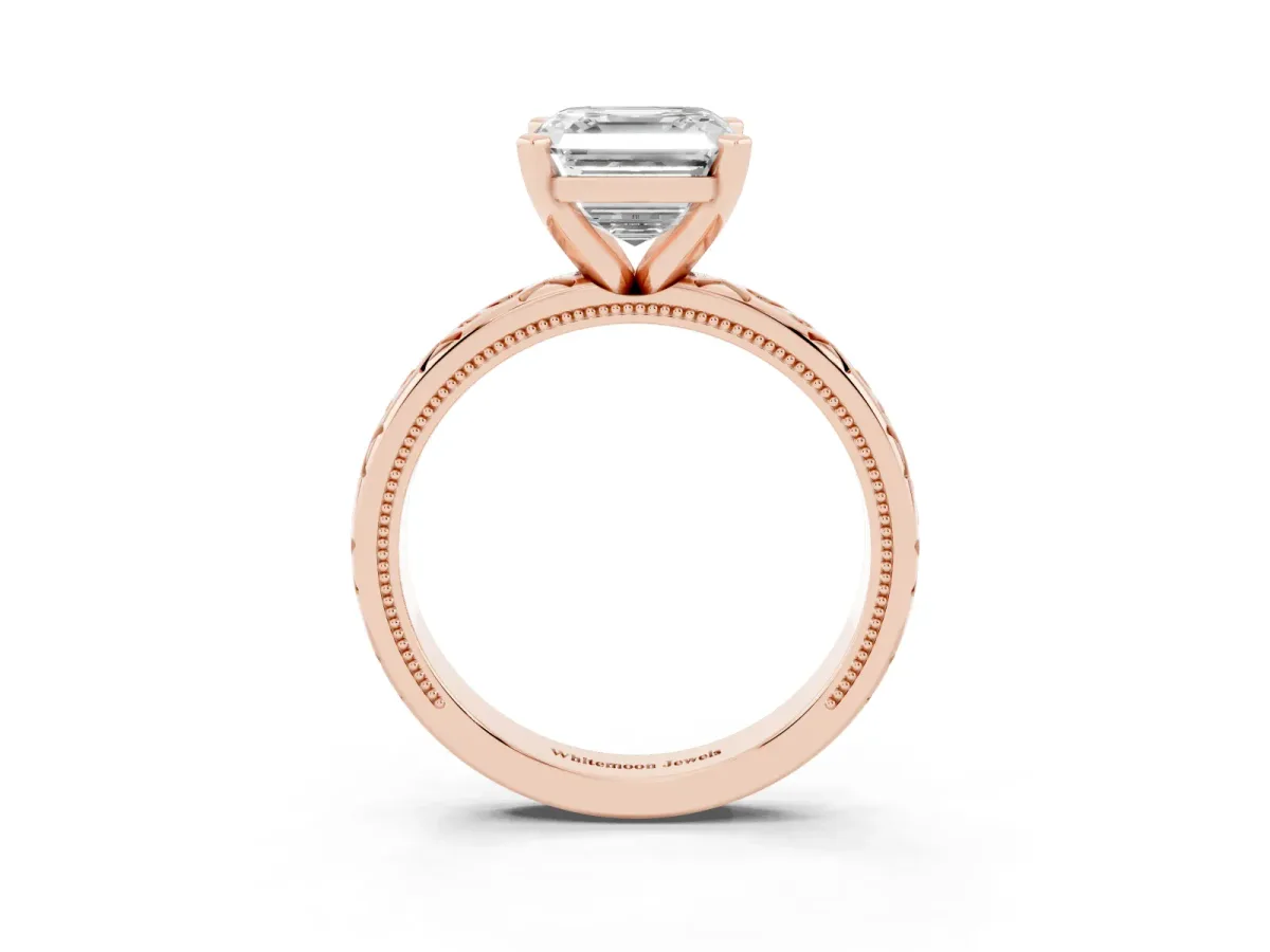 Asscher Cut Solitaire Engagement Ring with Scrollwork Band and Four-Prong Setting Rose gold