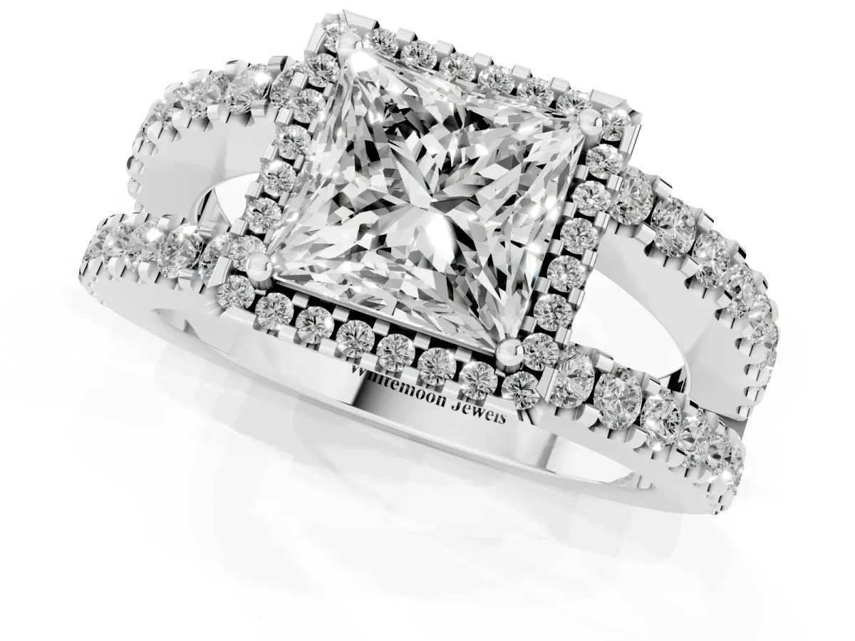 Princess Cut Cut Halo Split Shank Diamond Ring with Four-Prong Setting Platinum