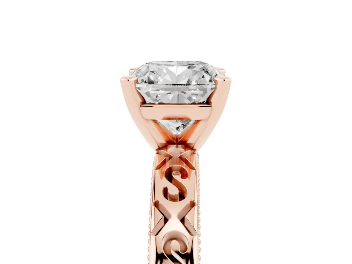 Cushion Cut Solitaire Engagement Ring with Scrollwork Band and Four-Prong Setting Rose gold