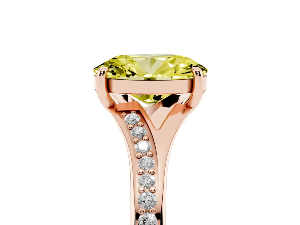 Fancy Yellow Oval Cut Diamond Solitaire Ring with Pavé Band and Prong Setting Rose gold