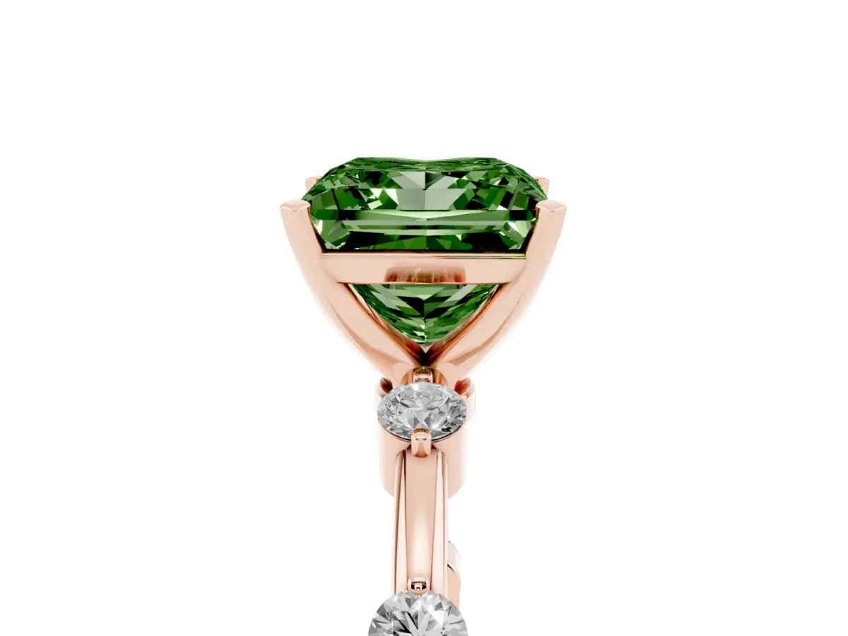 Fancy Green Princess Cut Solitaire Diamond Ring with Bezel Set Side Stones and Prong Setting Rose gold
