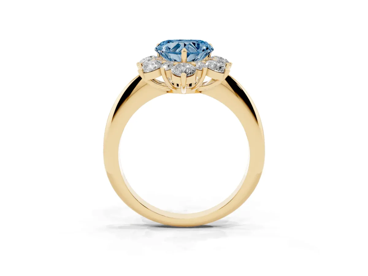 Fancy Blue Heart Cut Diamond Cluster Halo Ring with Solitaire Band and Four-Prong Setting Yellow gold