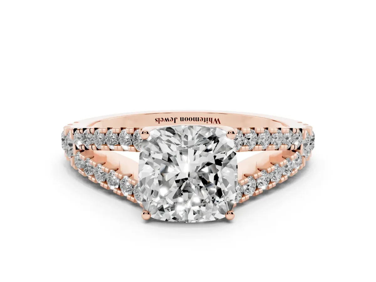 Cushion Cut Diamond Split Shank Engagement Ring with Round Pavé and Prong Setting Rose gold