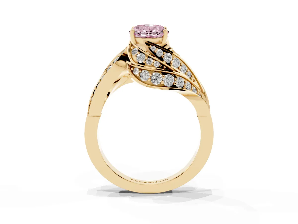 Fancy Pink Oval Cut Diamond Solitaire Ring with Prong Setting and Twisted Pavé Band Yellow gold