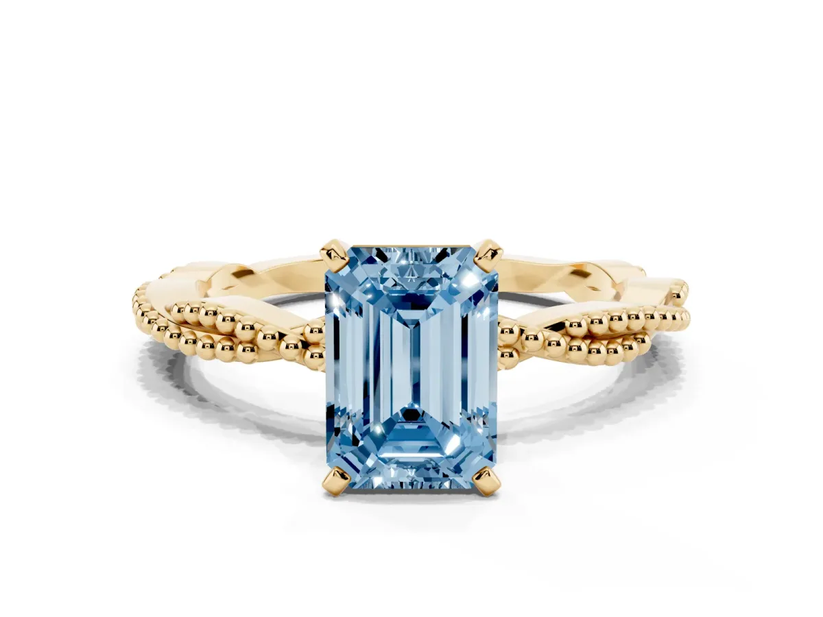 Fancy Blue Emerald Cut Solitaire Twisted Band with Bead Prong Setting Yellow gold