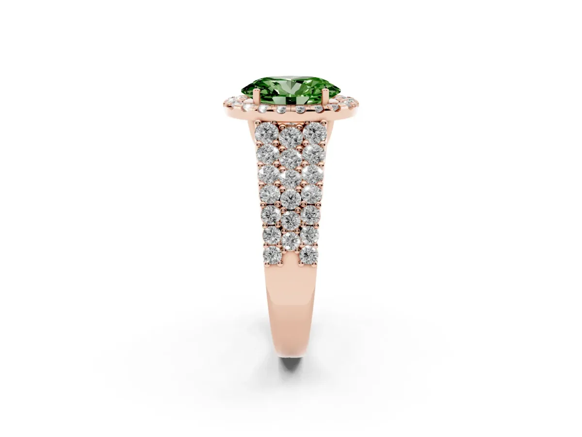 Fancy Green Oval Cut Diamond Halo Engagement Ring with Triple Row Round Pavé Band and Prong Setting Rose gold