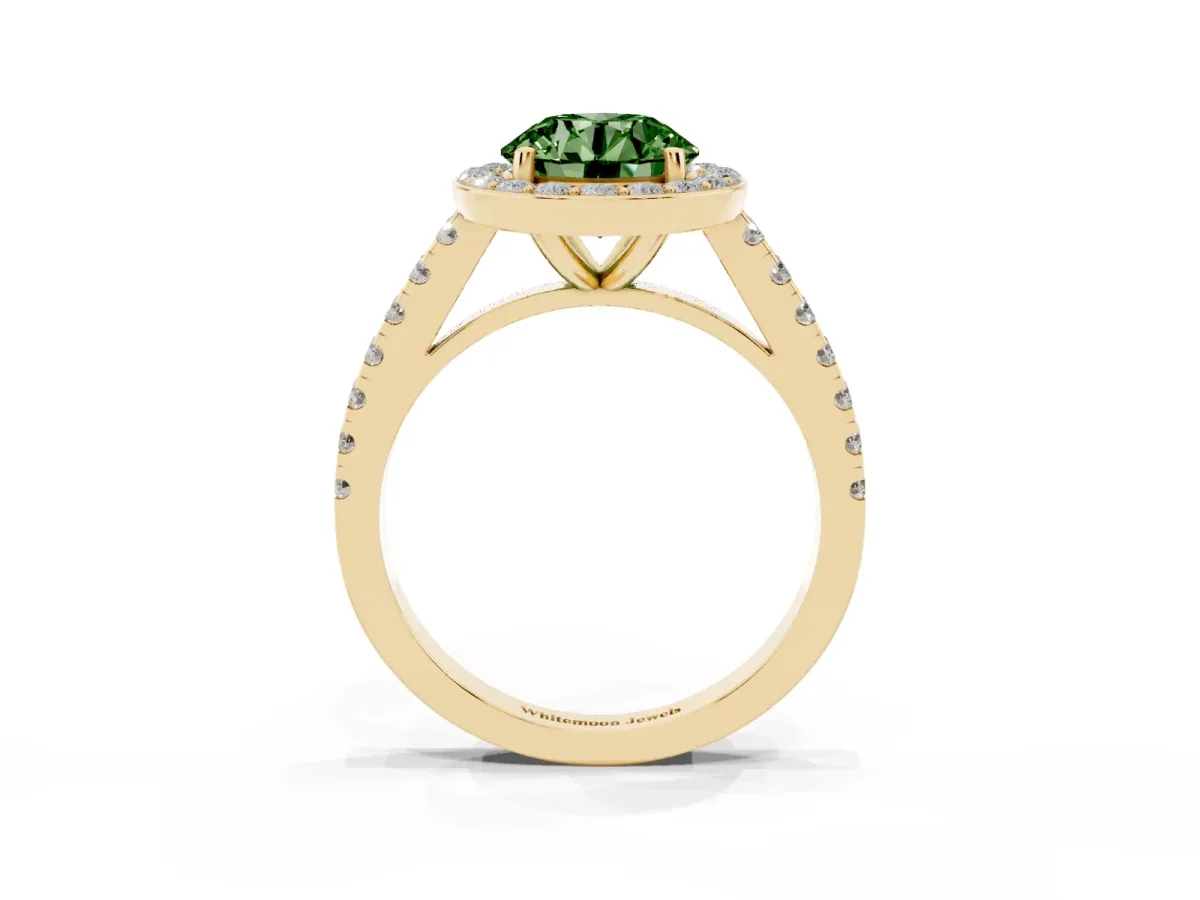 Fancy Green Round Cut Diamond Halo Ring with Round Pavé Split Shank and Prong Setting Yellow gold