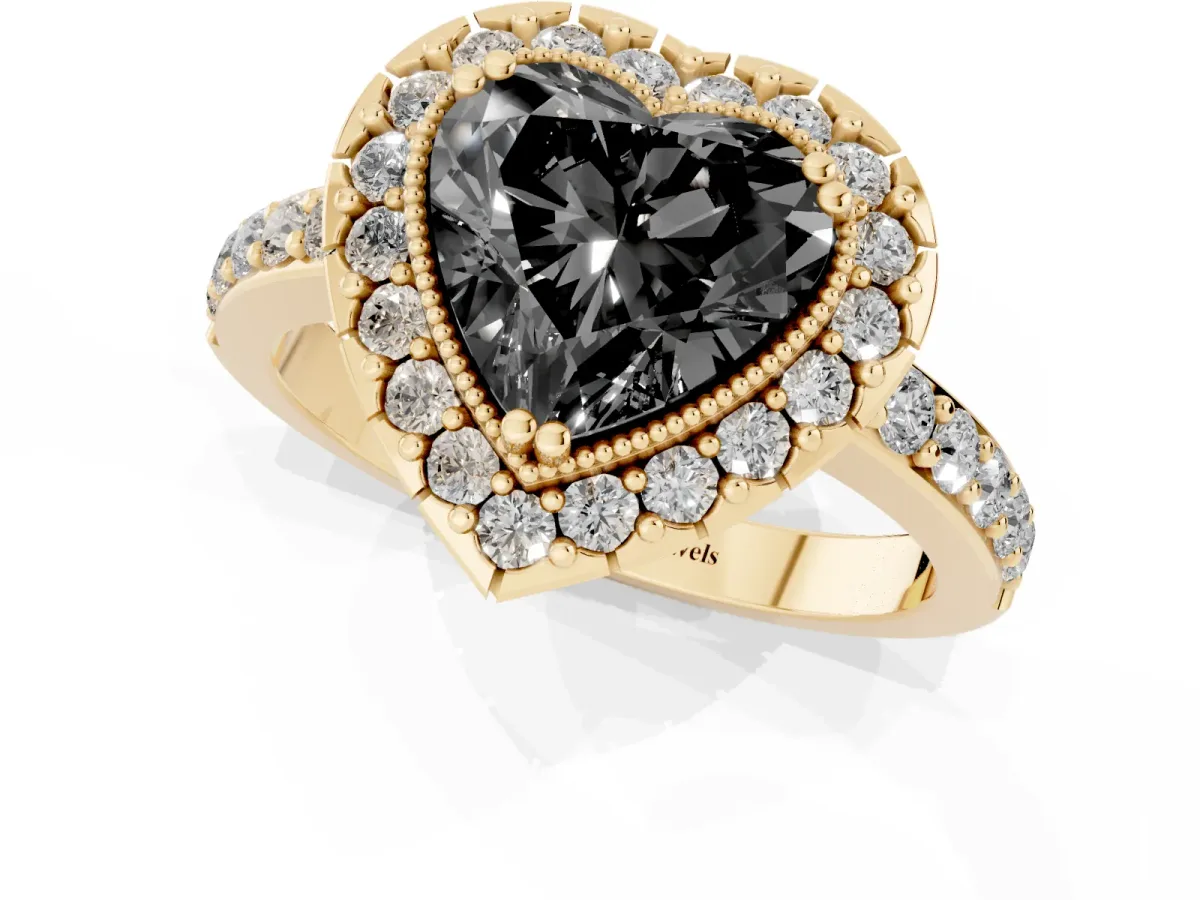 Fancy Black Heart Cut Diamond Halo Ring with Pavé Band and Prong Setting Yellow gold