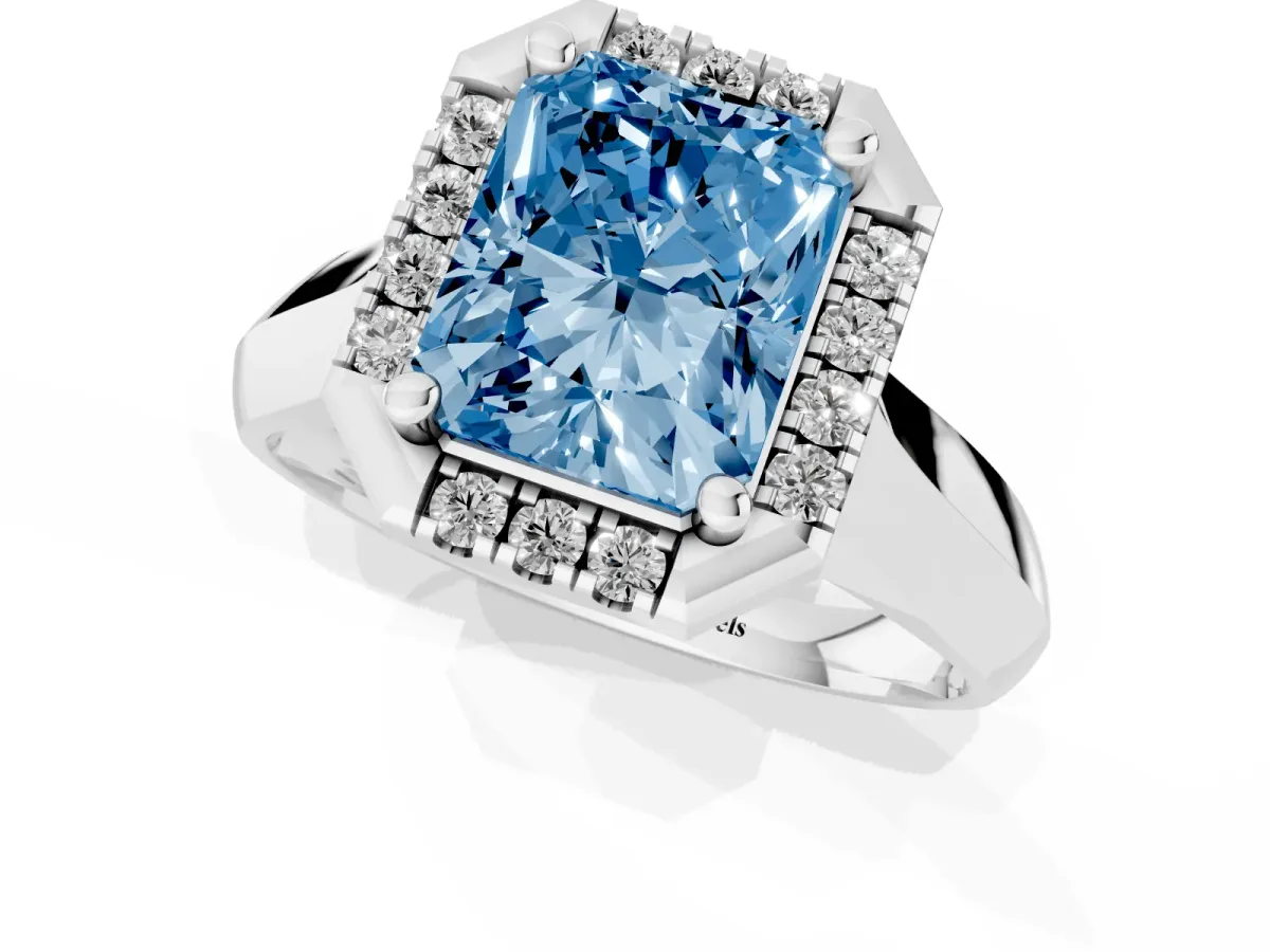 Fancy Blue Radiant Cut Cut Halo Solitaire Engagement Ring with Square Band and Four-Prong Setting Silver