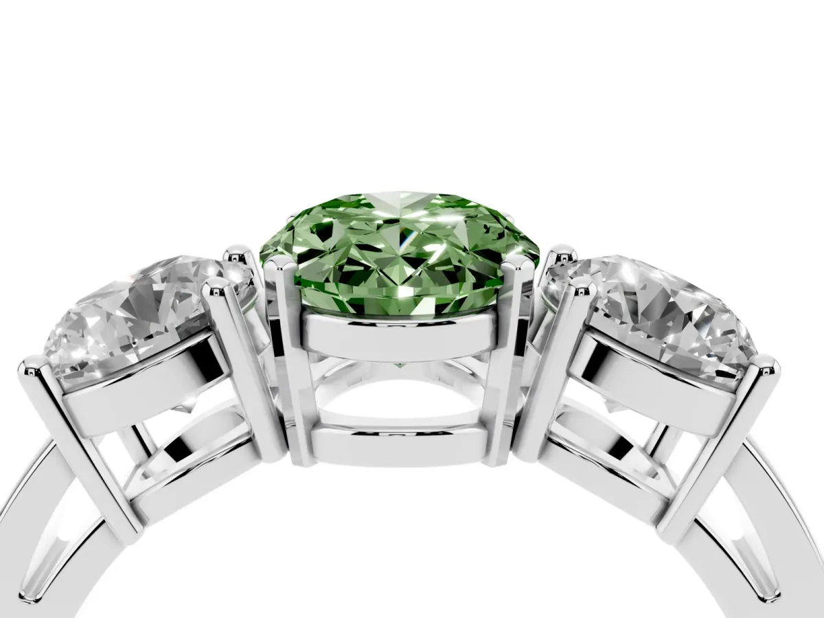 Fancy Green Three-Stone Oval Cut Diamond Ring with Round Side Stones, Classic Band, and Four-Prong Setting Silver