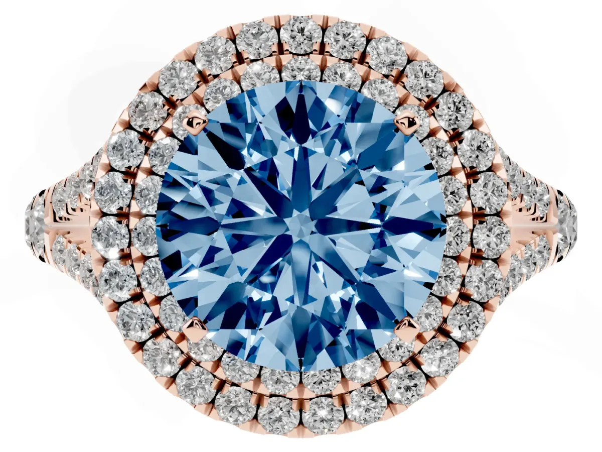 Fancy Blue Round Cut Cut Double Halo Split Shank Diamond Ring with Prong Setting Rose gold