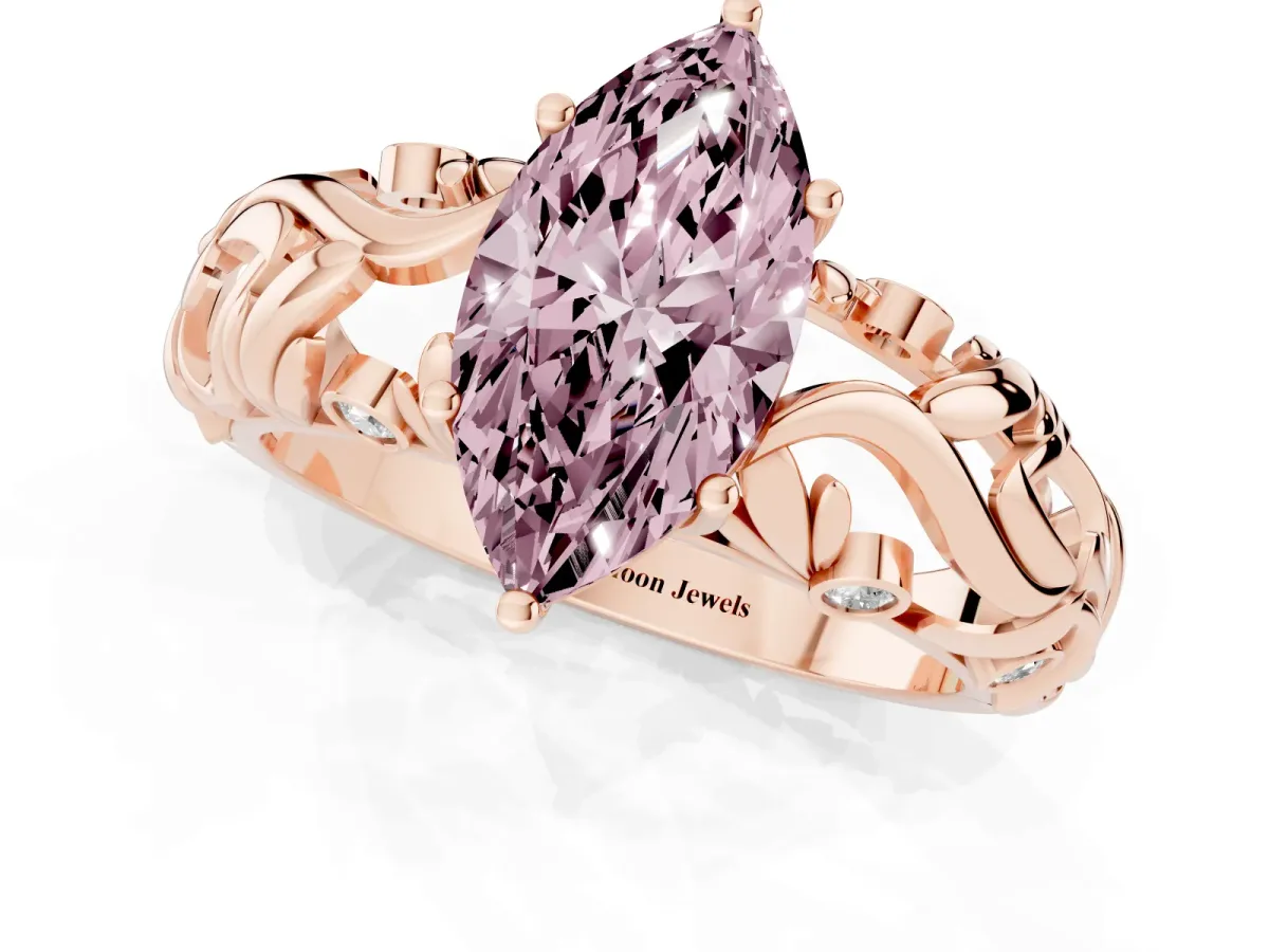 Fancy Pink Marquise Cut Solitaire Diamond Leaf-Inspired Vine Band Ring with Prong Setting Rose gold