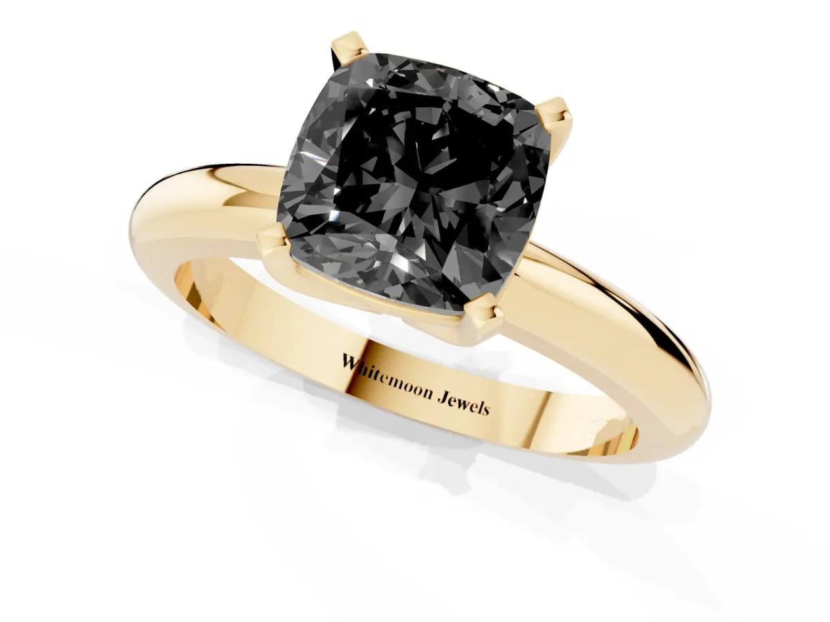 Fancy Black Cushion Cut Diamond Solitaire Engagement Ring with Round Band and Four-Prong Setting Yellow gold