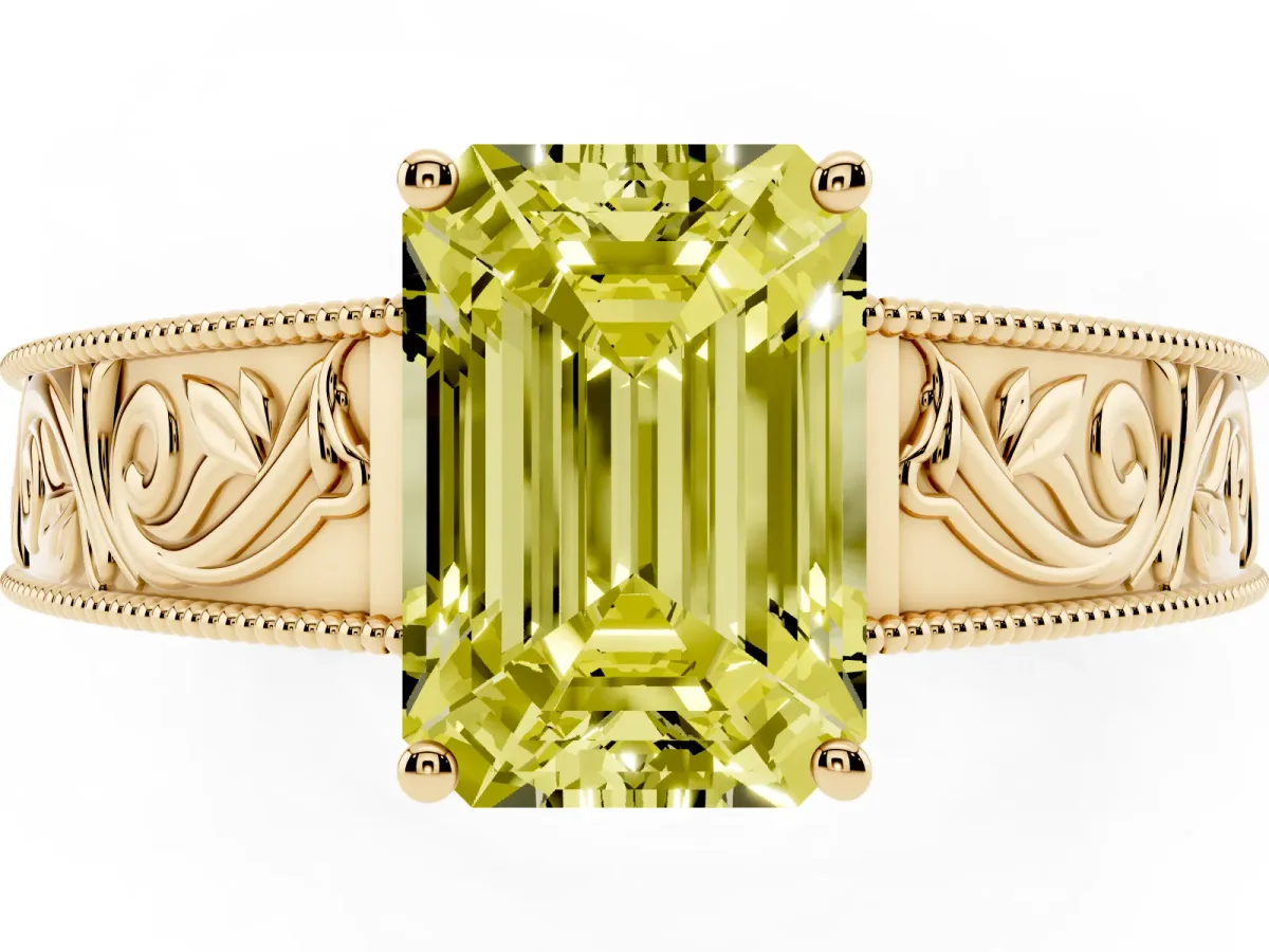 Fancy Yellow Emerald Cut Diamond Solitaire Ring with Engraved Band and Four-Prong Setting Yellow gold