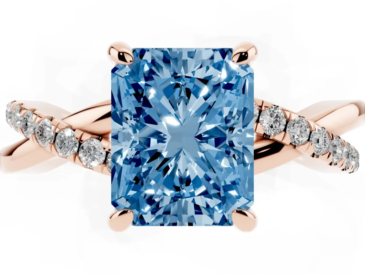 Fancy Blue Radiant Cut Cut Diamond Twist Band Solitaire with Prong Setting Rose gold