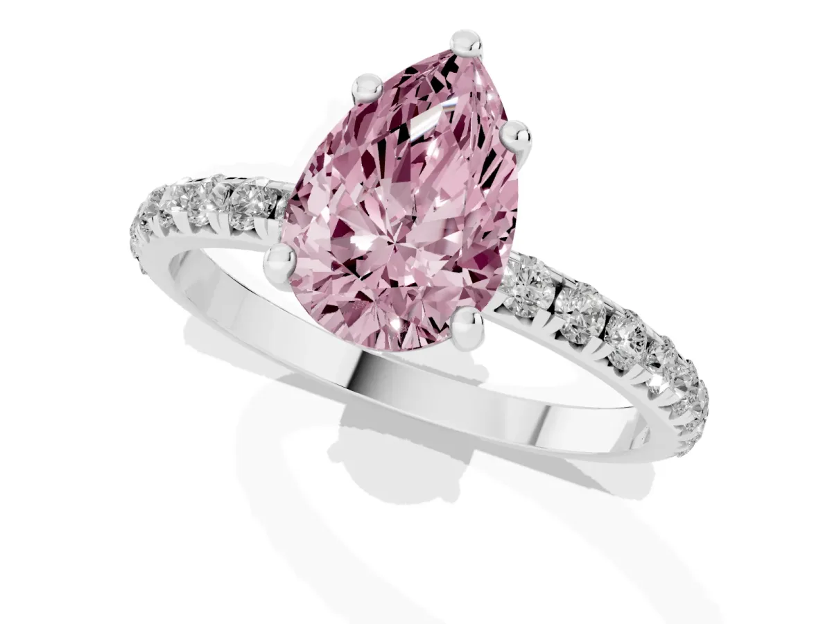 Fancy Pink Pear Cut Cut Diamond Solitaire Ring with Micro Pave Band and Four Prong Setting Silver