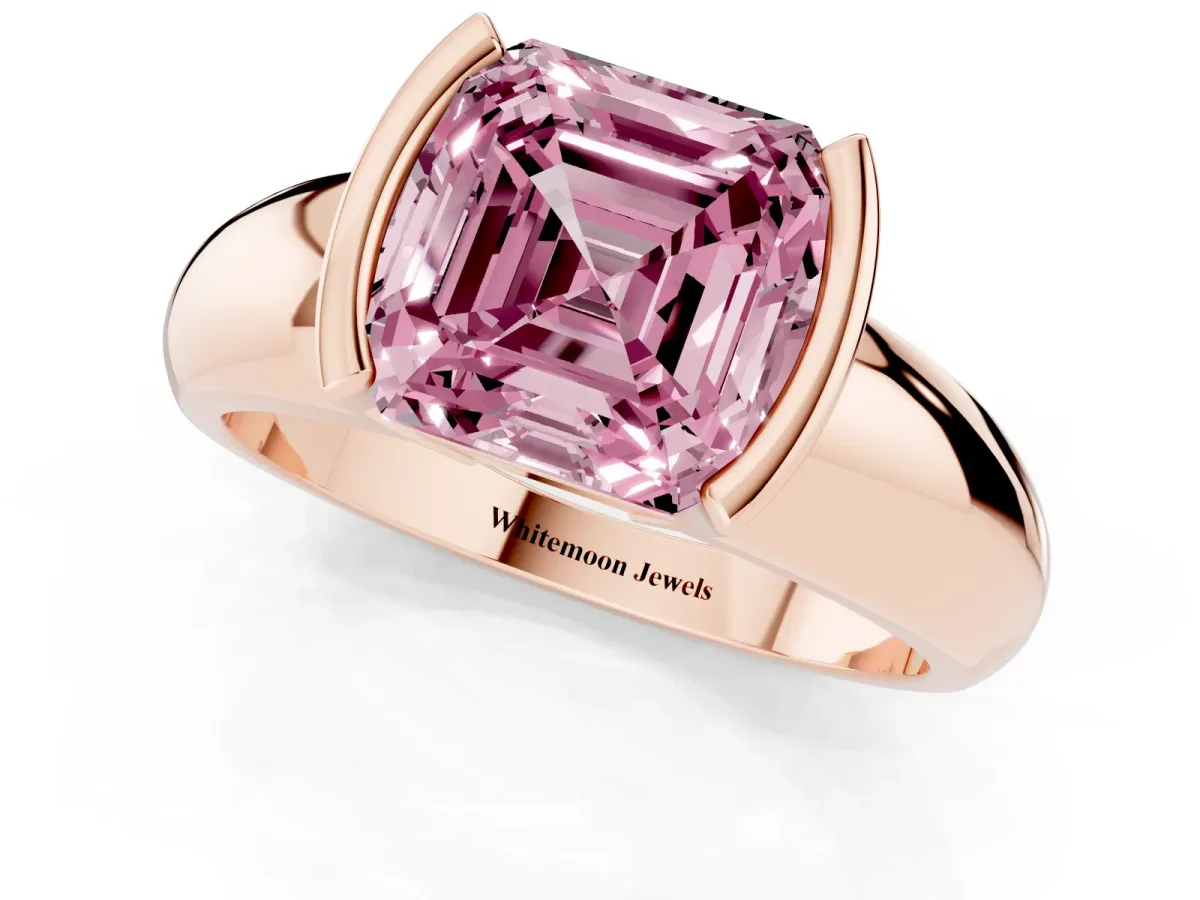Fancy Pink Asscher Cut Solitaire Tension Set Diamond Ring with Wide Band Rose gold