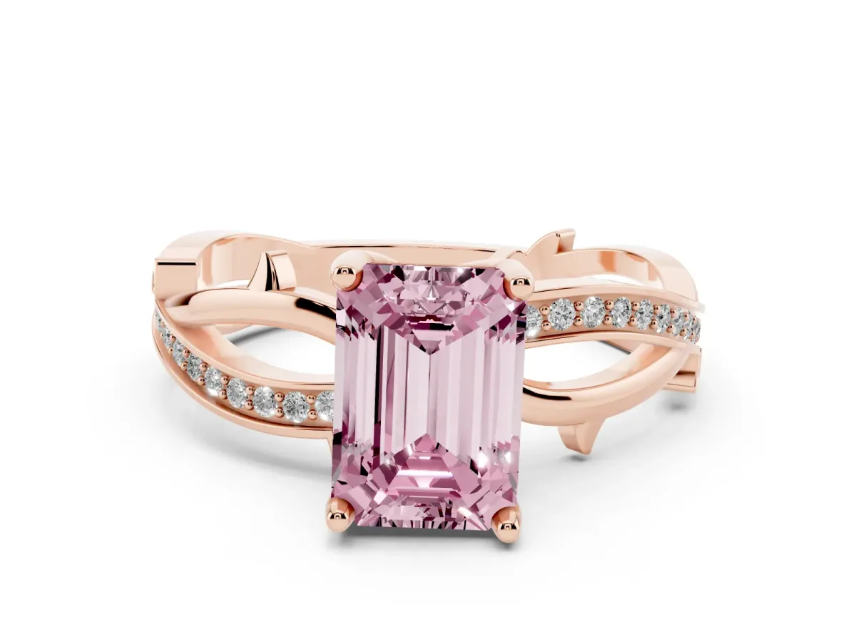 Fancy Pink Emerald Cut Solitaire Twist Band with Pavé Accents and Four-Prong Setting Rose gold