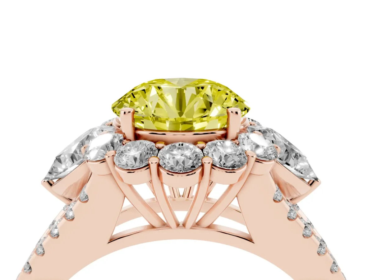 Fancy Yellow Round Cut Halo Split Shank Diamond Engagement Ring with Prong Setting Rose gold