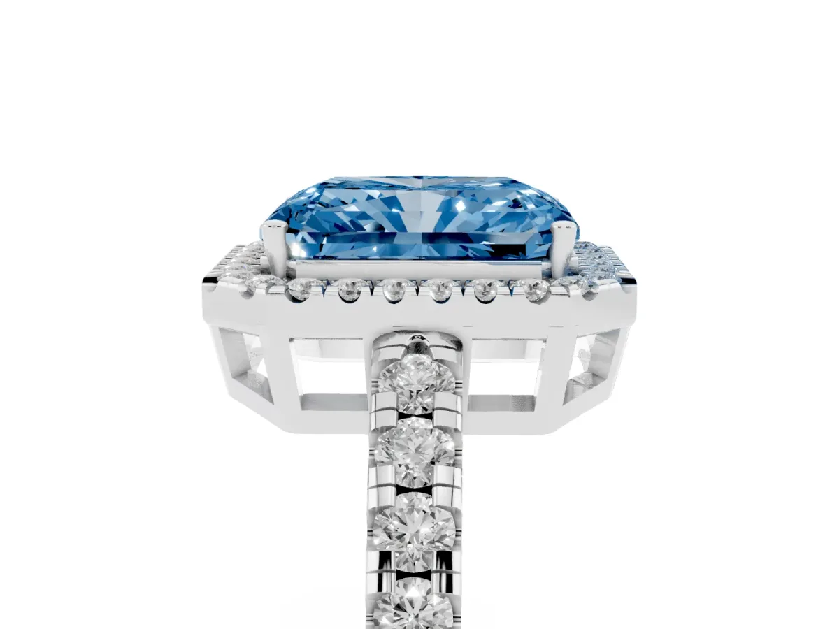Fancy Blue Radiant Cut Diamond Halo Ring with Pavé Band and Four-Prong Setting White gold