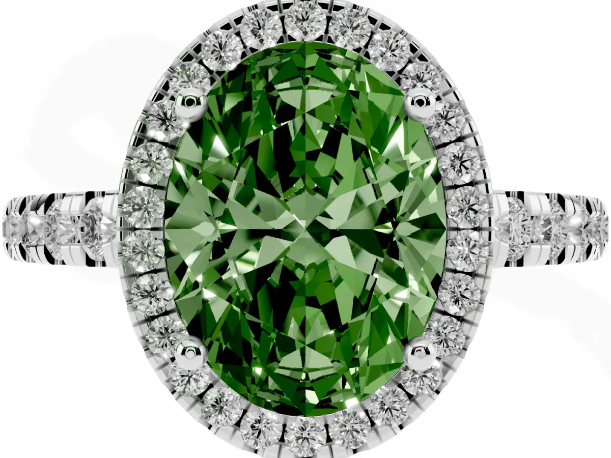 Fancy Green Oval Cut Diamond Halo Ring with Pavé Band and Four-Prong Setting Platinum